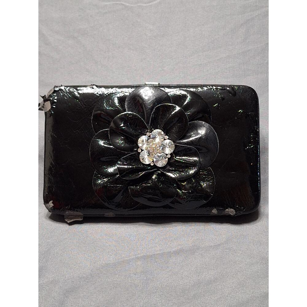 Whimsical Black Wallet Purse with Bling Flower